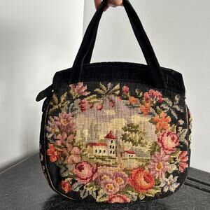 Vintage 30s/40s Large Wool Needlepoint Tapestry + Velvet Trim Handbag